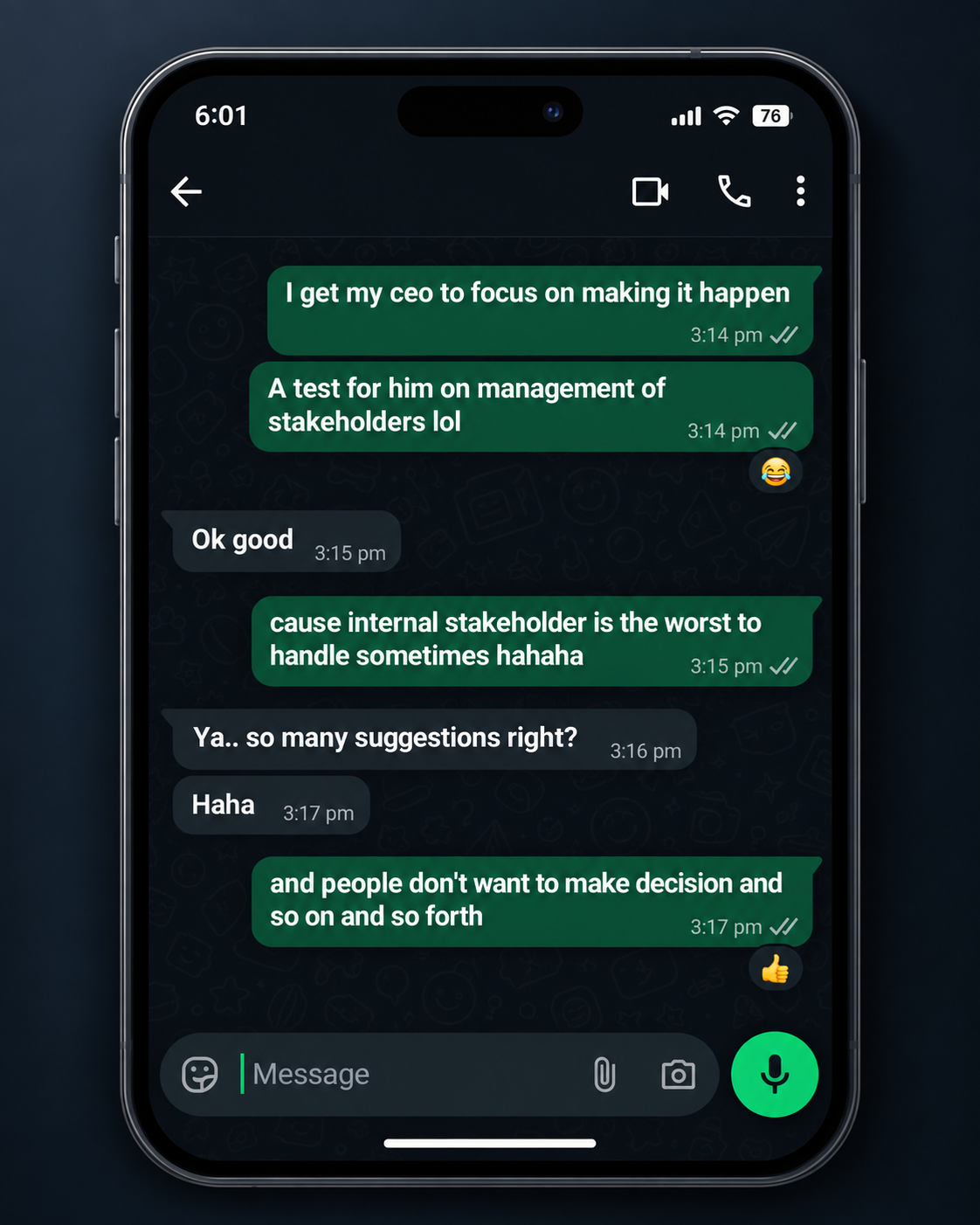 An anonymised WhatsApp conversation about using a team activity as a stakeholder management exercise.