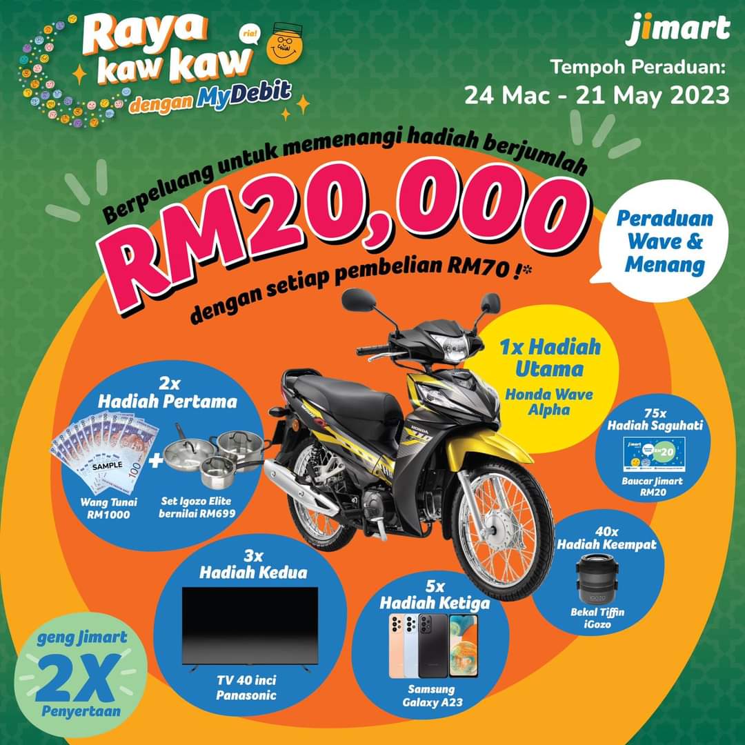 Jimart Raya Kaw Kaw campaign artwork featuring a RM20,000 prize pool with MyDebit