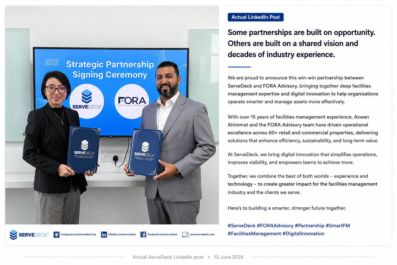 ServeDeck and FORA Advisory strategic partnership LinkedIn post visual explaining the experience and capabilities each partner brings